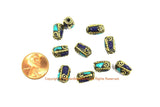 4 BEADS Tibetan Lapis, Turquoise, Brass Inlay Tube Beads - Tibetan Beads Tribal Beads - 8mm x 12mm Handmade Tube Inlay Beads - B3455-4