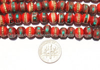 8mm Red Bone Tibetan Prayer Beads - Red Bone Mala Prayer Beads with Brass, Copper, Turquoise & Coral Inlays - PB13S