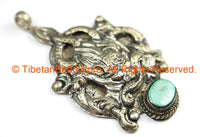 Ethnic Tribal Antique Look Repousse Tibetan Dragon Pendant with Turquoise Inlay - TibetanBeadStore - Handmade - Unisex Jewelry - WM7209