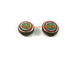 2 BEADS - Tibetan OM Mantra Inscribed Reversible Tibetan Beads with Brass, Metal, Turquoise & Coral Inlays - Tibetan Beads - B3317-2
