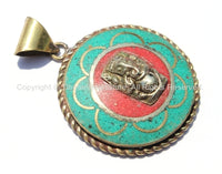 Ganesh Relief Pendant with Coral, Turquoise & Brass Inlays - Ganesh Ganesa Ganpati Ganesha - WM4070