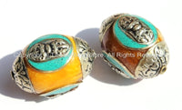 1 BEAD - Large Tibetan Amber Copal Resin Bead with Auspicious Conch & Turquoise Inlay - LARGE Tibetan Focal Bead - B2040-1