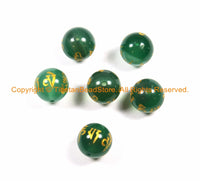 2 BEADS 10mm Tibetan "OM Mani" Mantra Etched Green Color Quartz Beads- TibetanBeadStore Handmade Tibetan Beads, Pendants, Jewelry- B2947-2