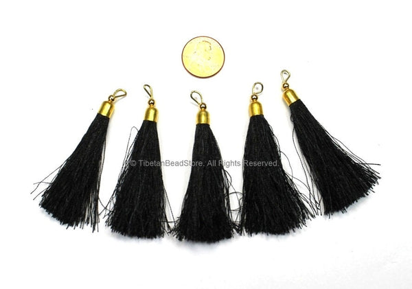 2 TASSELS Black Tassels with Gold Toned Brass Cap - Quality Boho Tassels Bag Tassels Earring Tassels - Craft Tassels - T218-2