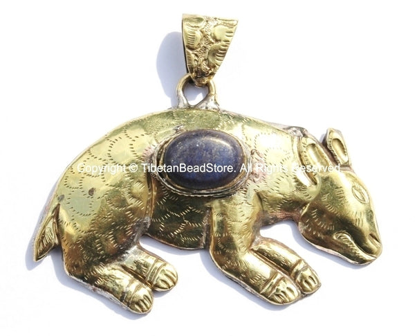 Large Tibetan Brass Animal Pendant with Lapis Gemstone Inlay - Brass Repousse Animal - Tibetan Jewelry - Tibetan Pendant - WM5394