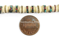 20 BEADS 6mm-7mm Size Tibetan White Bone Beads with Brass, Copper, Turquoise, Coral Inlays- Tibetan Beads Inlaid White Bone Beads LPB12XS-20