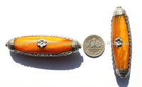 2 BEADS - LONG Tibetan Amber Color Resin Beads with Repousse Handcarved Tibetan Silver Band & Caps - Ethnic Tibetan Amber Beads - B2525-2