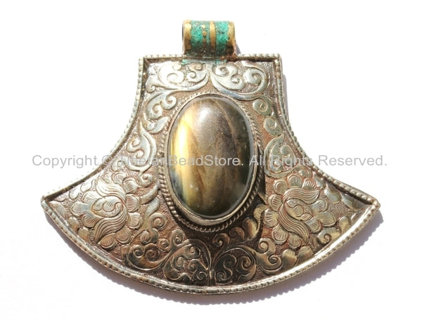 OOAK LARGE Ethnic Tribal Style Tibetan Pendant with Repousse Carved Lotus Floral Details, Labradorite & Turquoise Inlays - WM5600