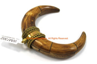 Brown Bone Tibetan Design U-Shaped Crescent Horn Pendant with Gold Toned Brass - Boho Tibetan Crescent Shape Bone Horn Pendant - WM7302