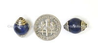 2 BEADS - Tibetan Lapis Beads with Tibetan Silver Caps - Ethnic Nepal Tibetan Beads - B1005S-2