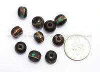 50 BEADS Black Bone Inlaid Tibetan Beads with Turquoise & Coral Inlays - 7-8mm - Tibetan Beads - LPB10S-50