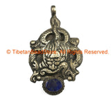 Ethnic Tribal Antique Look Repousse Tibetan Dragon Pendant with Lapis Inlay - TibetanBeadStore - Handmade - Unisex Jewelry - WM7222