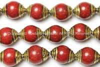 10 BEADS - Tibetan Red Jade Beads with Handmade Repousse Brass Caps - Tibetan Beads - TibetanBeadStore - B1411-10