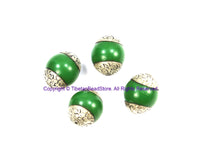 2 BEADS Beautiful Big Green Resin Tibetan Beads with Repousse Carved Floral Tibetan Silver Caps - Green Beads Focal Tibetan Beads - B3253-2