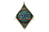 Ethnic Filigree Diamond Kite-shape Nepal Tibetan Pendant with Turquoise, Lapis Bead Inlays - Ethnic Handmade Jewelry - WM7709