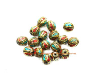 4 BEADS Turquoise, Coral, Brass Inlaid Beads - Tibetan Beads Inlaid Beads Tribal Beads - Handmade Beads - TibetanBeadStore - B3235F-4