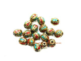 4 BEADS Turquoise, Coral, Brass Inlaid Beads - Tibetan Beads Inlaid Beads Tribal Beads - Handmade Beads - TibetanBeadStore - B3235F-4