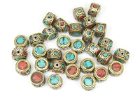 2 BEADS Ethnic Tibetan Beads with Brass, Turquoise, Coral Inlays - TibetanBeadStore - Brass Inlay Beads Nepal Tibetan Beads B2769-2
