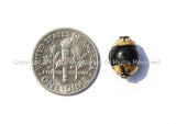 2 BEADS - Tibetan Small Black Onyx Beads with Brass Caps - Small Ethnic Tibetan Beads - Brass Cap Black Onyx - B2568-2