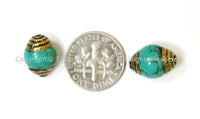 2 BEADS - Tibetan Turquoise Beads with Brass Caps - Ethnic Nepal Tibetan Beads - B1000-2