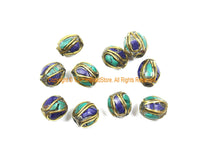 10 BEADS Tibetan Lapis, Turquoise, Brass Inlay Beads - Tibetan Beads Tribal Beads - 9mm x 10mm Handmade Tube Inlay Beads - B3510-10