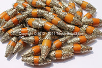 Amber Copal Resin Bicone Beads with Repousse Tibetan Silver Caps - 1 Bead - Tibetan Ethnic Handmade Beads - B1978-1