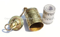 Tibetan Brass Prayer Wheel Pendant with Mantra Prayer Scrolls, 8 Auspicous Symbols, Double Vajra & Om Mantra Details - 15mm x 40mm - WM4050