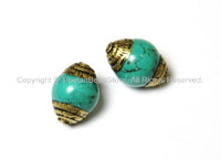 2 BEADS - Tibetan Turquoise Beads with Brass Caps - Ethnic Nepal Tibetan Beads - B1000-2