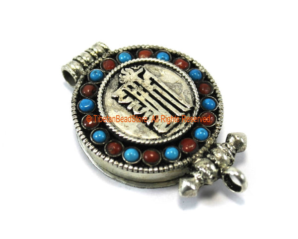 Tibetan "KALACHAKRA" Prayer Box Ghau Amulet Pendant with Turquoise & Coral Inlays - Ethnic Ghau Pendant - Om Aum Ohm - WM7273