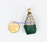 92.5 Sterling Silver Floral Cap & Green Agate Ethnic Tribal Tibetan Pendant - Handmade Real Silver Tibetan Jewelry - SS8040