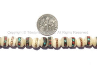 50 BEADS 10mm Tibetan White Bone Beads with Turquoise & Coral Inlays- Handmade Nepal Tibetan Beads - Mala Making Supplies - LPB12-50