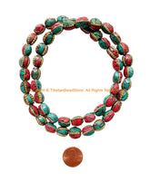 4 BEADS - Handmade Ethnic Nepal Tibetan Beads with Brass, Turquoise, Coral Inlays - B3529-4