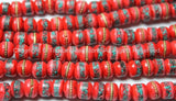20 BEADS 9mm-10mm Red Bone Inlaid Tibetan Beads with Metal, Stone Inlays - Red Bone Inlaid Beads - Tibetan Bone Beads - LPB13R-20