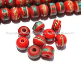 10 BEADS 8mm Red Bone Inlaid Tibetan Beads with Turquoise & Coral Inlays - LPB13S-10