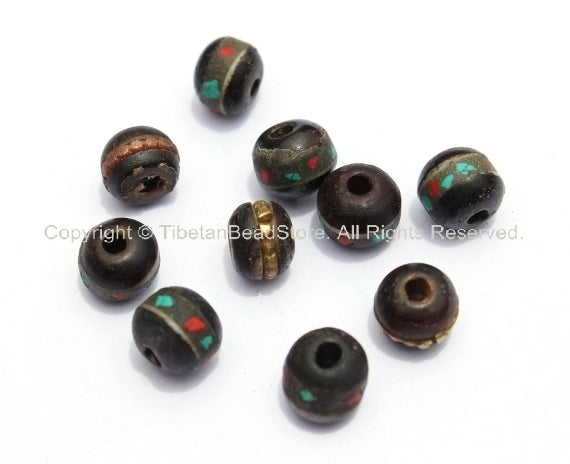 10 BEADS 8mm Size Black Bone Inlaid Tibetan Beads with Turquoise & Coral Inlays - LPB10S