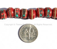 108 beads - 10mm Tibetan Red Bone Mala Prayer Beads with Brass, Copper, Turquoise & Copal Inlays - Tibetan Prayer Beads - PB13 - TibetanBeadStore