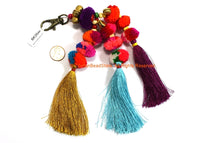 Luxury Tassels Ethnic Tribal Handmade Multi-colored Pom Pom Tassels with Spring Clip - Quality Boho Long Tassels - Silk Bag Tassels - BK26AA