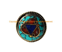 Beautiful Handmade Tibetan Statement Ring with Turquoise, Lapis & Coral Inlays - Ethnic Chunky Inlay Ring - R346