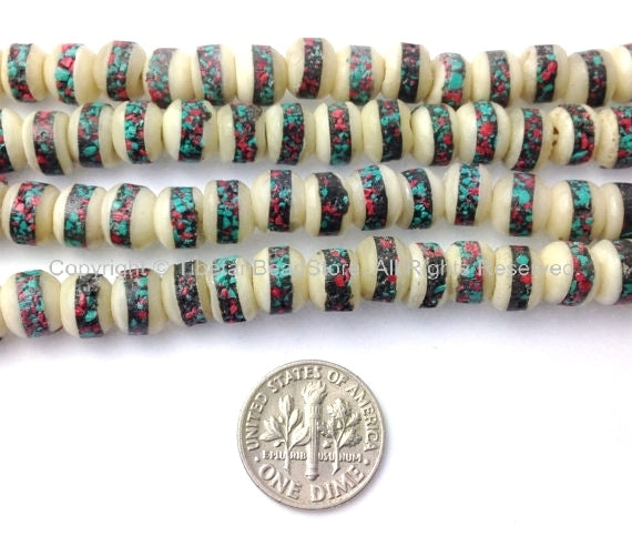 10 beads - White Bone Tibetan Mala Prayer Beads with Turquoise & Coral Inlays - Mala Making Supply - LPB27-10