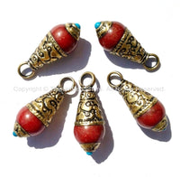 5 PENDANTS Ethnic Tibetan Red Jade Charm Pendant with Brass Caps and Turquoise Accent - WM4009-5