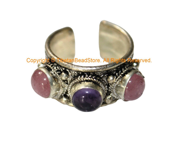 Tibetan Adjustable 3 Stone Ring (Amethyst, Rose Quartz) - Handmade Ethnic Ring Boho Ring Statement Ring Tibetan Jewelry- R345I