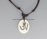 Tibetan OM Mantra Bone Pendant on Adjustable Cord - OHM Aum Om - Ethnic Tribal Handmade Unisex Boho Jewelry - WM7938