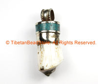 Tibetan Twisted Spiral Solid Naga Conch Shell Pendant with Turquoise Inlay Metal Cap- Boho Ethnic Tribal Amulet- TibetanBeadStore - WM7195