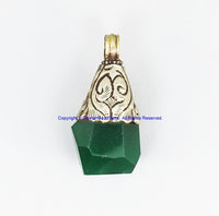 92.5 Sterling Silver Floral Cap & Green Agate Ethnic Tribal Tibetan Pendant - Handmade Real Silver Tibetan Jewelry - SS8040