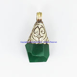 92.5 Sterling Silver Floral Cap & Green Agate Ethnic Tribal Tibetan Pendant - Handmade Real Silver Tibetan Jewelry - SS8040