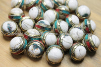 Ethnic Tibetan Naga Conch Shell Bead with Brass Rings, Turquoise & Coral Inlays - 1 BEAD - Artisan Handmade Beads - B1887-1