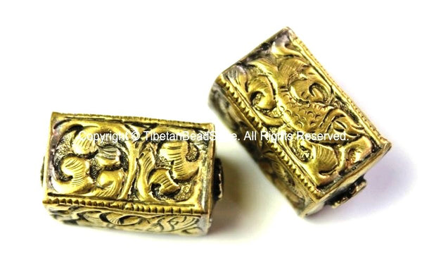 2 BEADS - Tibetan Beads - Repousse Carved Brass Rectangular Box-Shaped with Fish & Floral Details - Nepal Tibetan Pendant Beads - B2432