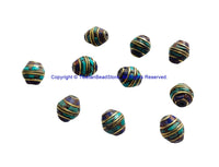 10 BEADS Tibetan Bicone Shape Brass Beads with Lapis, Turquoise Inlays - TibetanBeadStore Brass Inlay Beads- Tibetan Beads - B3520-10