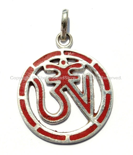 Tibetan Carved OM Pendant with Tibetan Silver & Coral Inlays - Yoga Om Pendant - Boho Tibetan Jewelry - WM5200