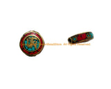 4 BEADS - Handmade Tibetan Disc Shaped Reversible Om Mantra Beads with Brass, Turquoise, Coral Inlays - B3526-4